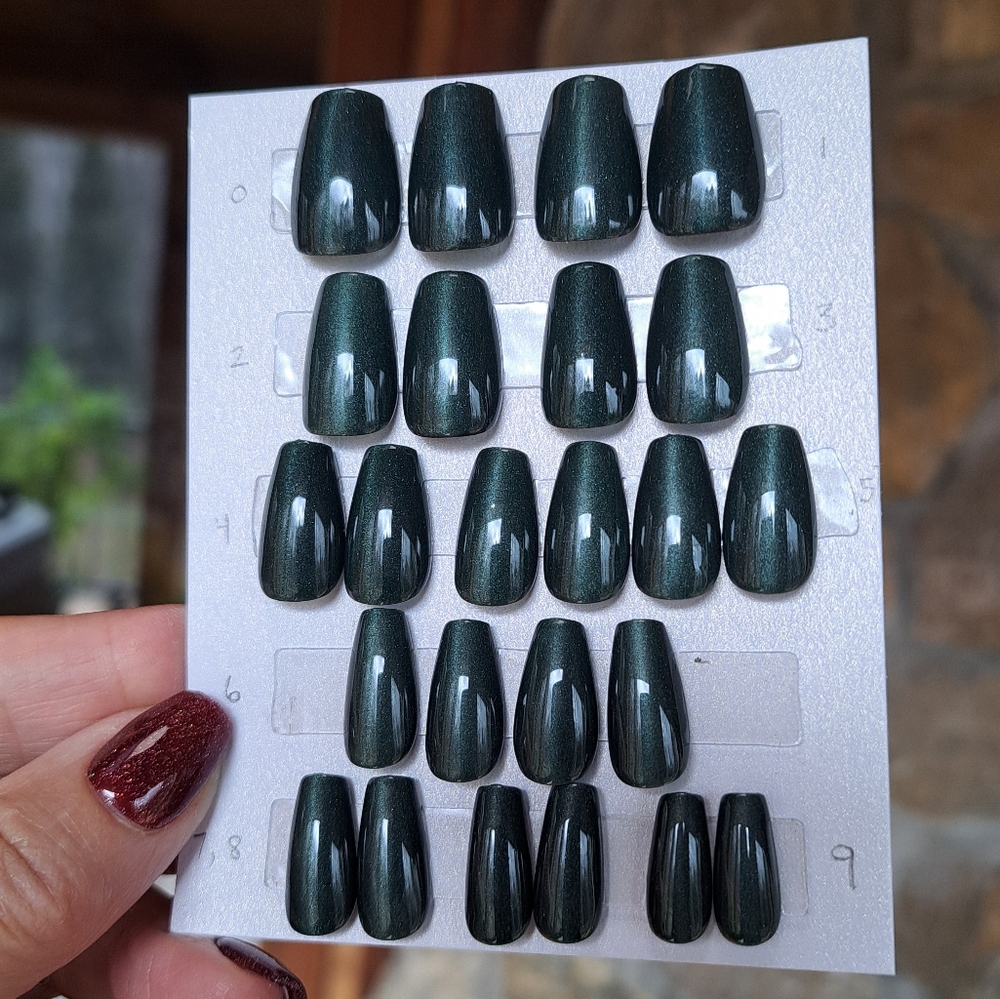 Set of 24 Green Cat Eye Hand Painted Coffin Press-On Nails Apres Gel-x